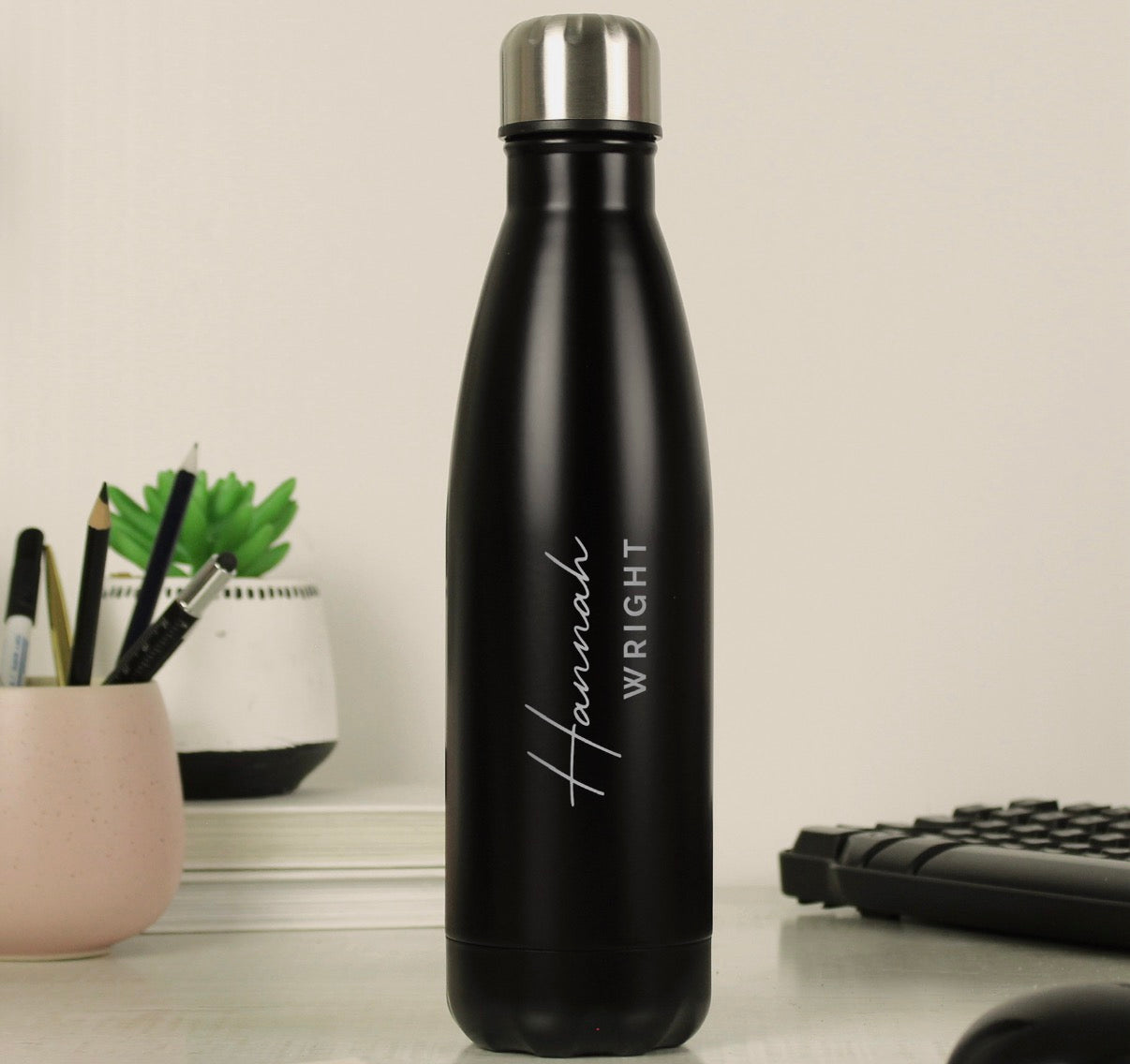 Personalised Two Lines Black Metal Insulated Drinks Bottle