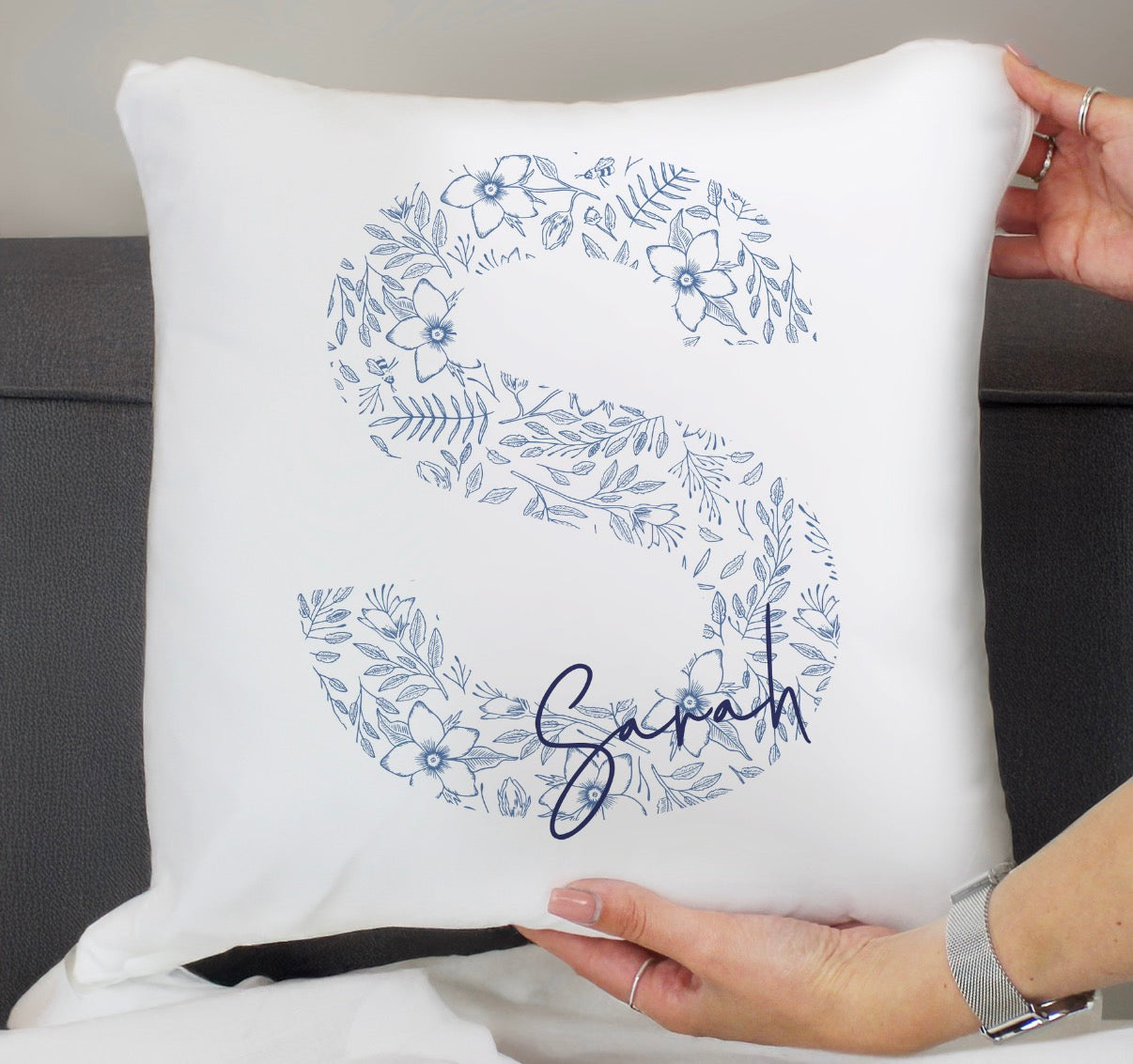 Personalised Floral Blue Initial Cushion