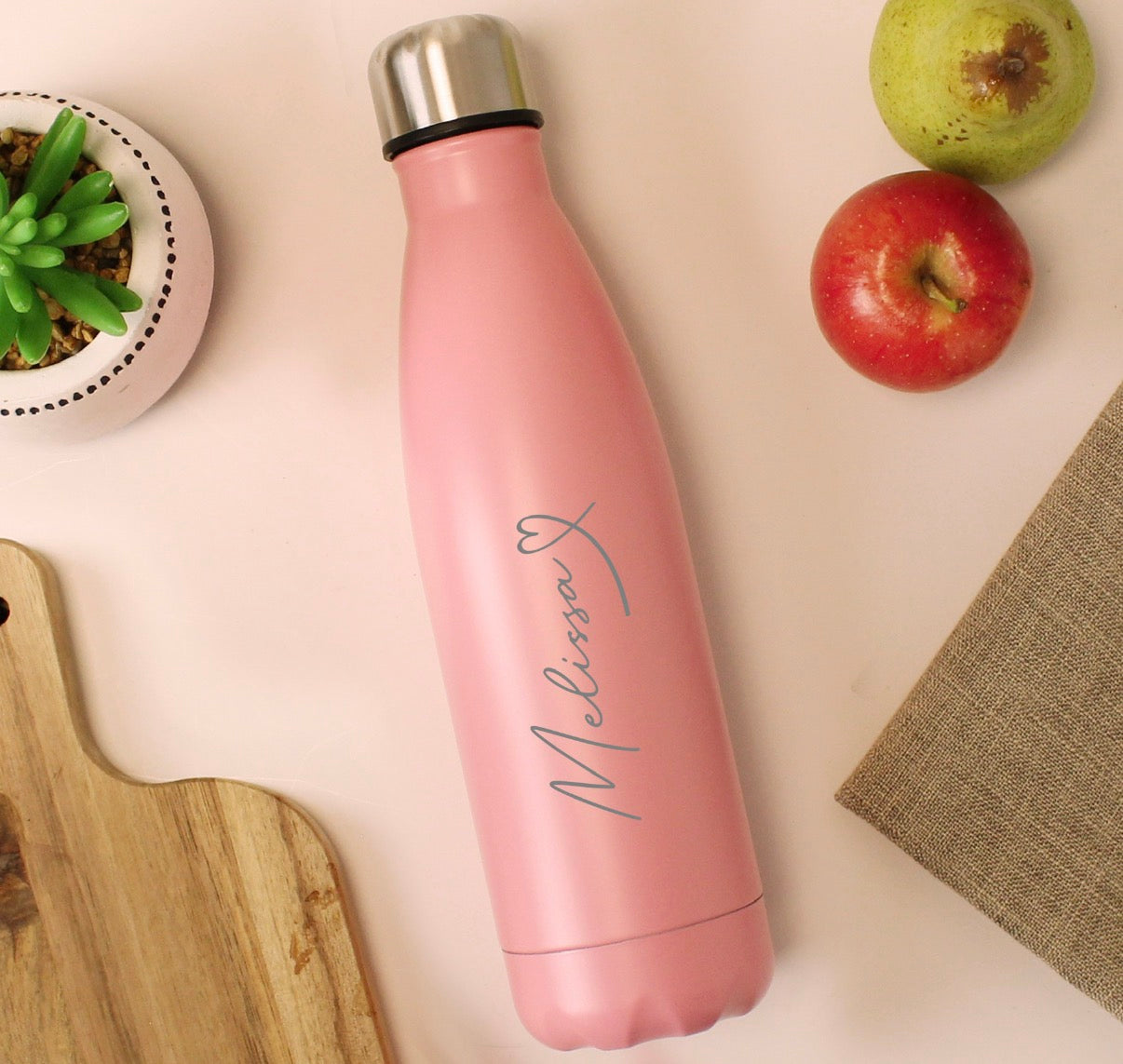Personalised Heart Pink Metal Insulated Drinks Bottle