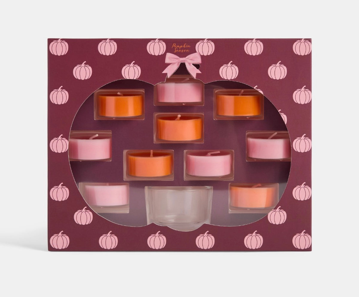 10 Pumpkin Tea Light Candles & Candle Holder