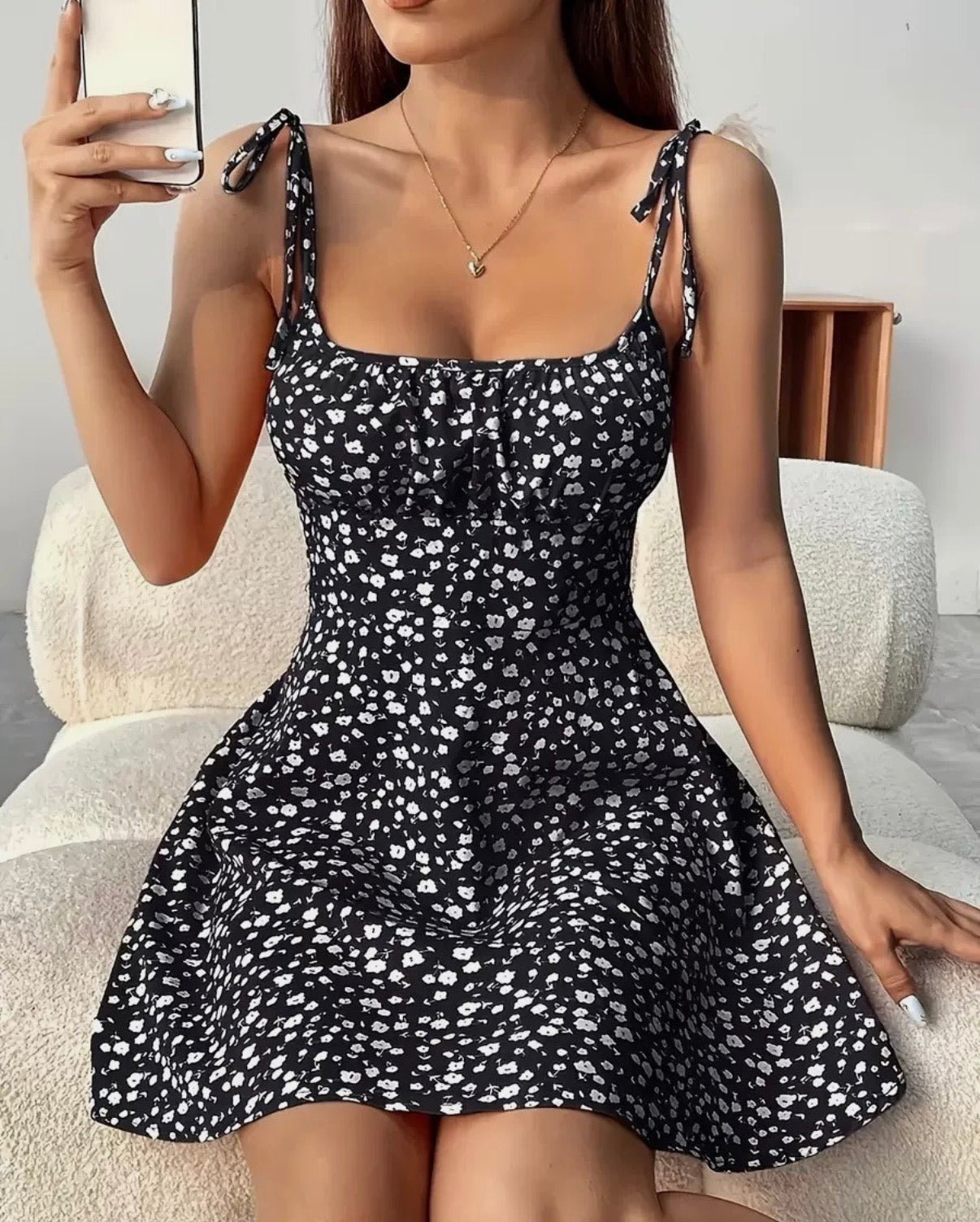 Floral Strap Dress - BLACK
