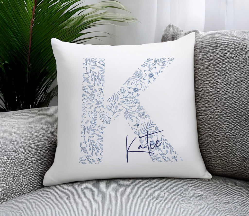 Personalised Floral Blue Initial Cushion
